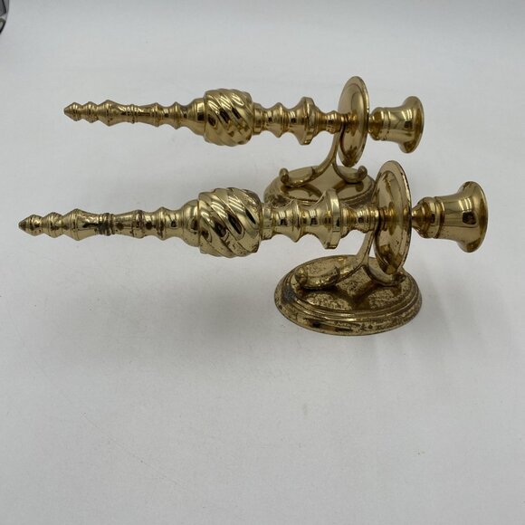 Vintage Brass Candle Sconce Plaque Decor Pair Set 2 Spindle Candlestick Gold MCM - Picture 2 of 7